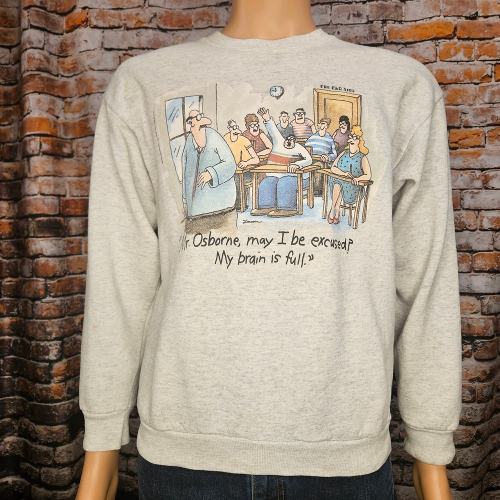 Vintage 90s Lee The Far Side My Brain Is Full Sweatshirt Gray Mens L Made in USA